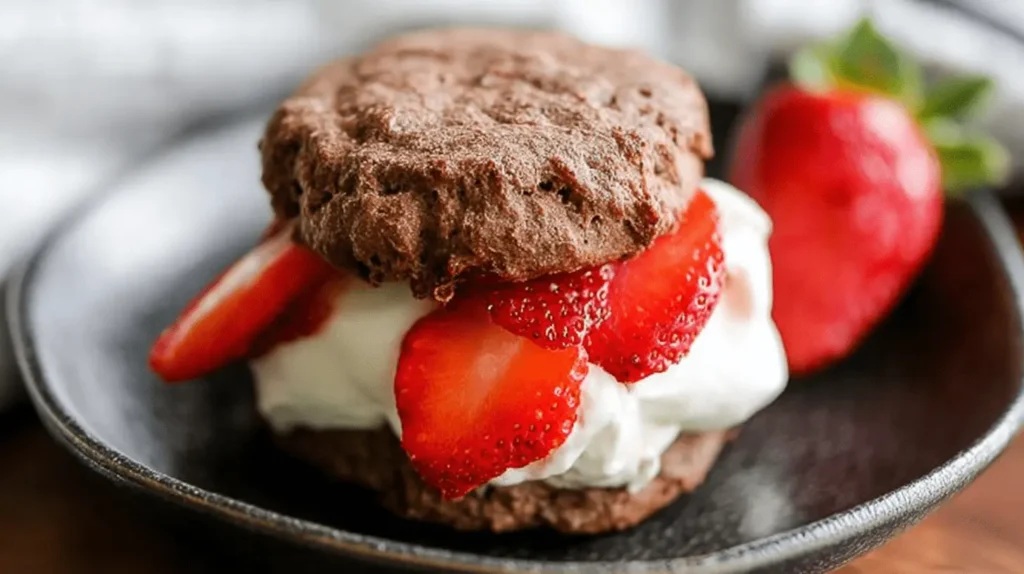 Delicious close-up of chocolate biscuits with whipped cream and fresh strawberries on a dark plate.