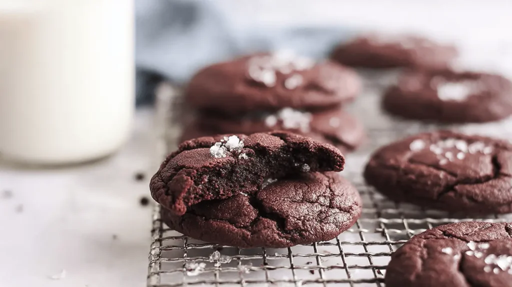 Freshly baked chocolate cookies with sea salt on a cooling rack next to a glass of milk.