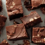 Overhead view of rich, dark chocolate dessert bars with walnuts.