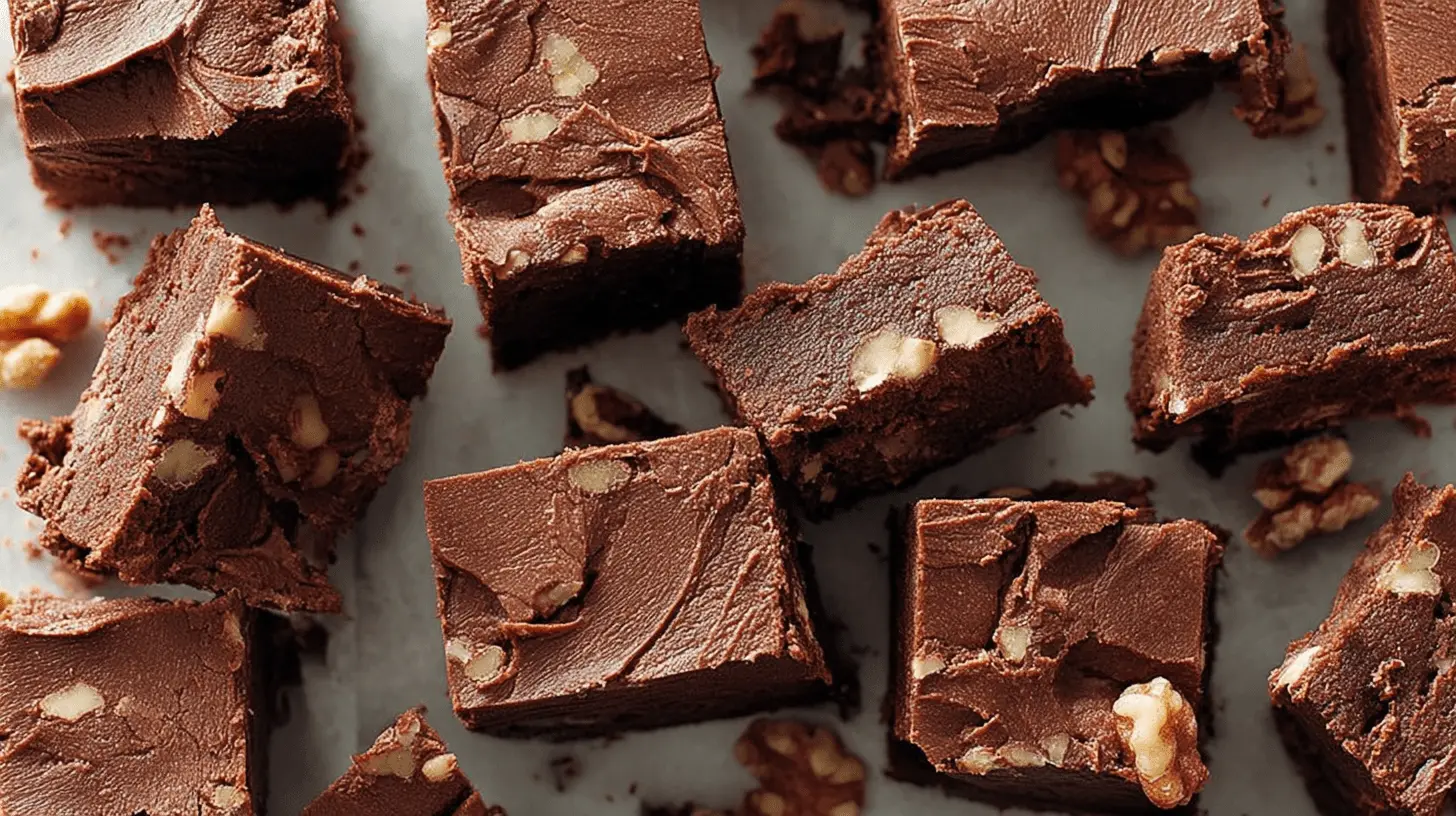 Overhead view of rich, dark chocolate dessert bars with walnuts.