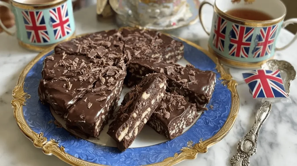 Elegant chocolate biscuits cake served on a luxurious gold and blue plate with British-themed tea cups.