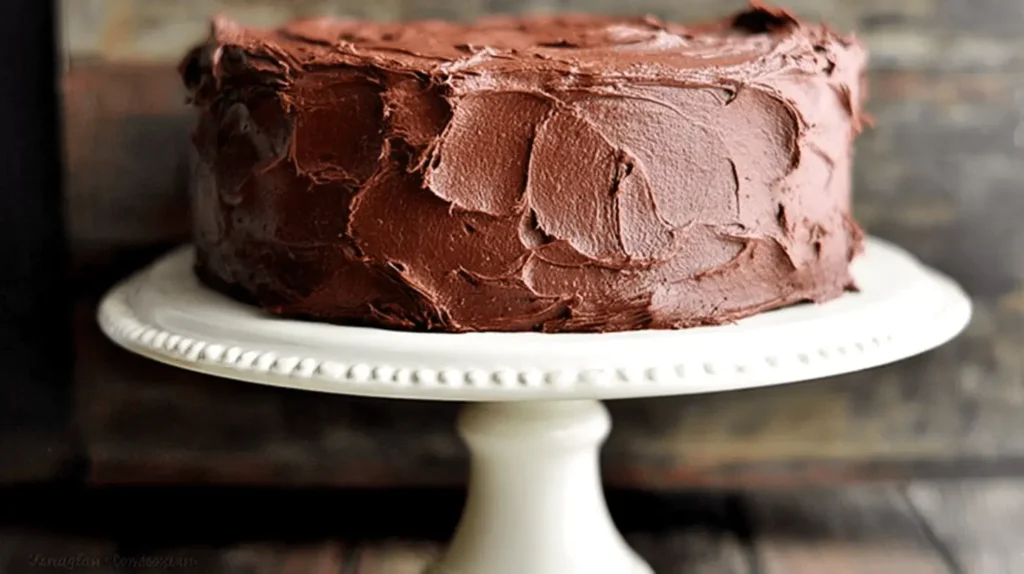 Decadent multi-layered chocolate cake with rich dark frosting on an elegant white cake stand.