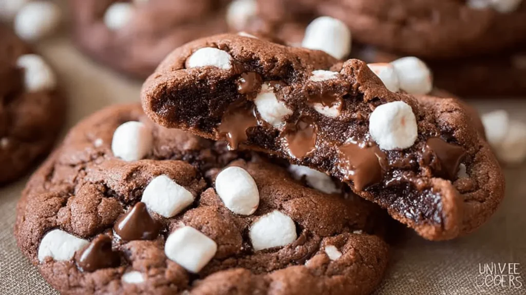 Warm, gooey double chocolate cookies with melted marshmallows and chocolate chips on a rustic surface.