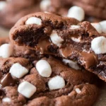 Warm, gooey double chocolate cookies with melted marshmallows and chocolate chips on a rustic surface.