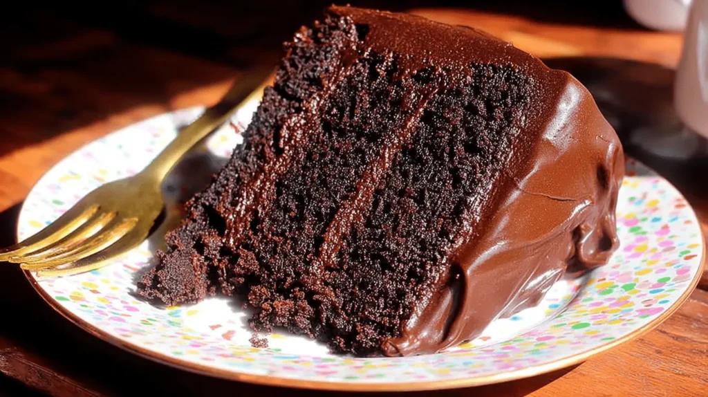 A decadent slice of Moist Chocolate Layer Cake on a colorful plate with a golden fork.