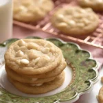 Freshly baked white chocolate cookies stacked on a vintage plate with a glass of milk in a warm, inviting setting.
