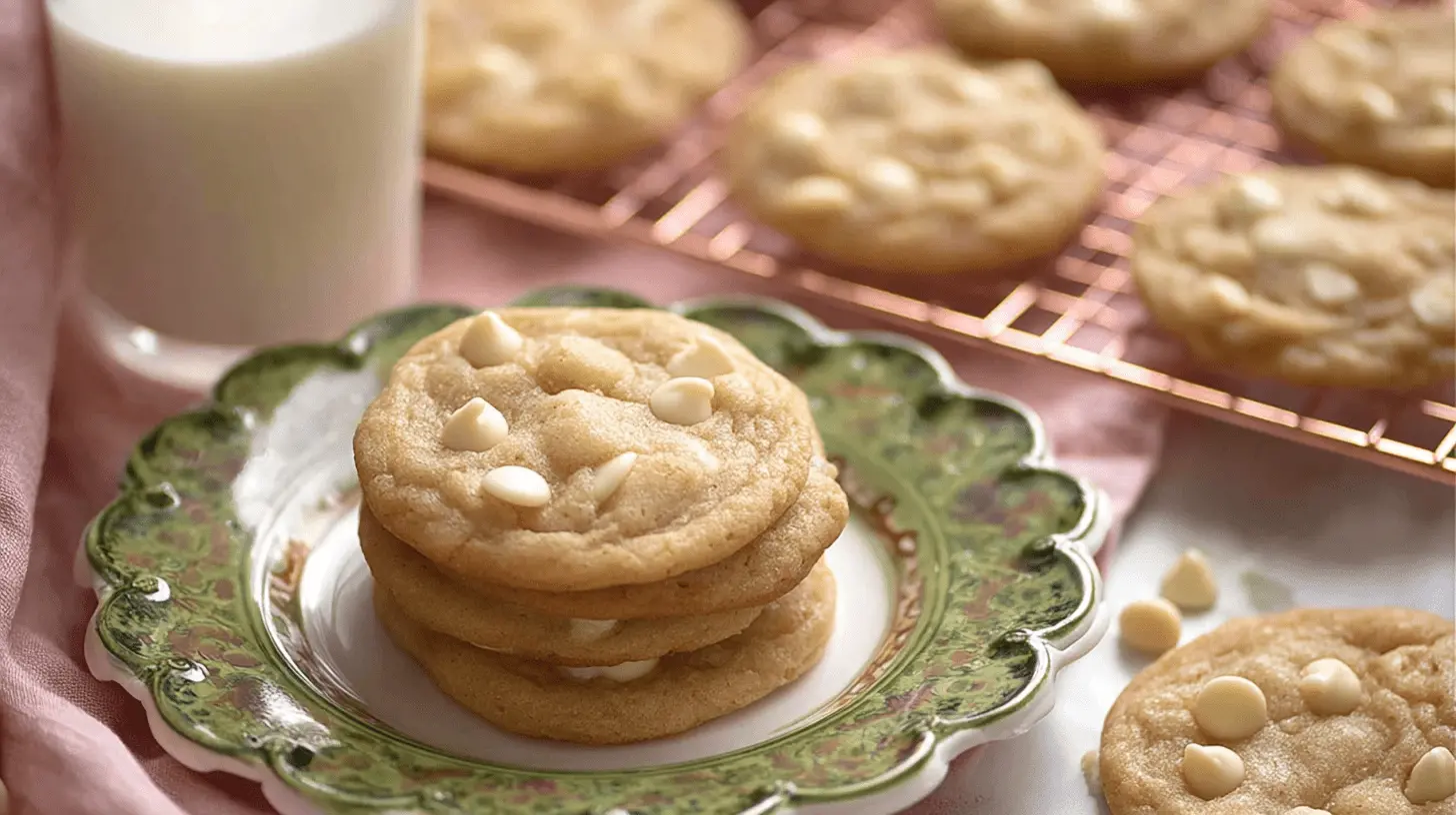Freshly baked white chocolate cookies stacked on a vintage plate with a glass of milk in a warm, inviting setting.