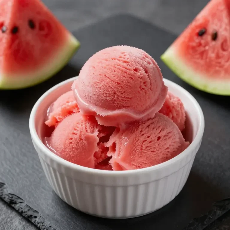 A bowl of vibrant homemade watermelon sorbet served with fresh mint leaves.