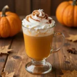 A homemade pumpkin spice latte served in a white mug, topped with whipped cream and a sprinkle of cinnamon.