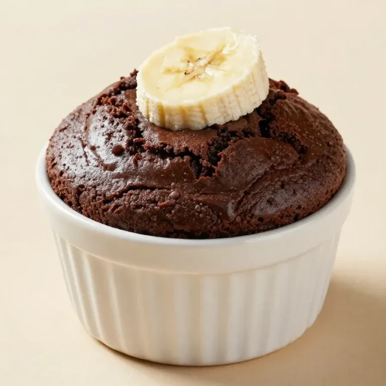A moist protein mug cake served in a white ceramic mug, topped with chocolate drizzle.