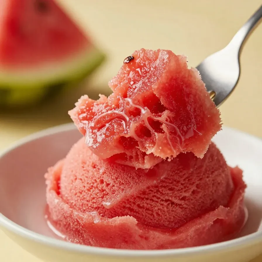 A bowl of vibrant homemade watermelon sorbet served with fresh mint leaves.