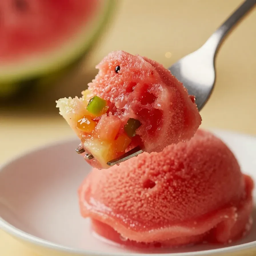 A scoop of vibrant pink watermelon sorbet served in a bowl.