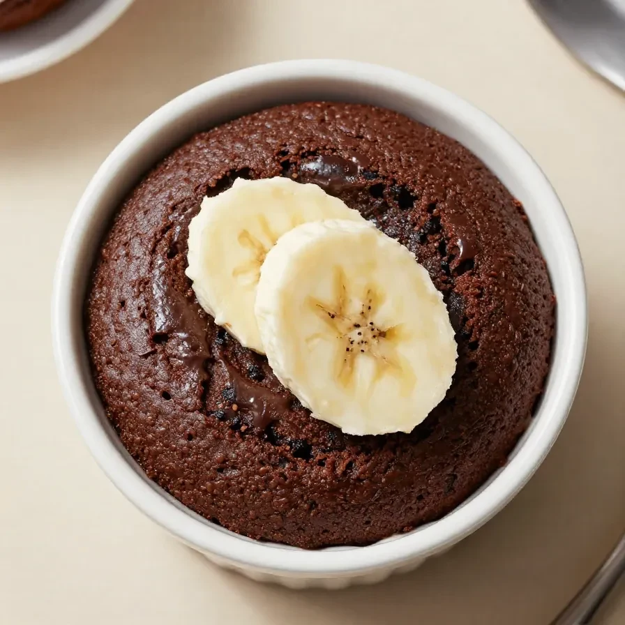 A moist protein mug cake served in a white ceramic mug, topped with chocolate drizzle.