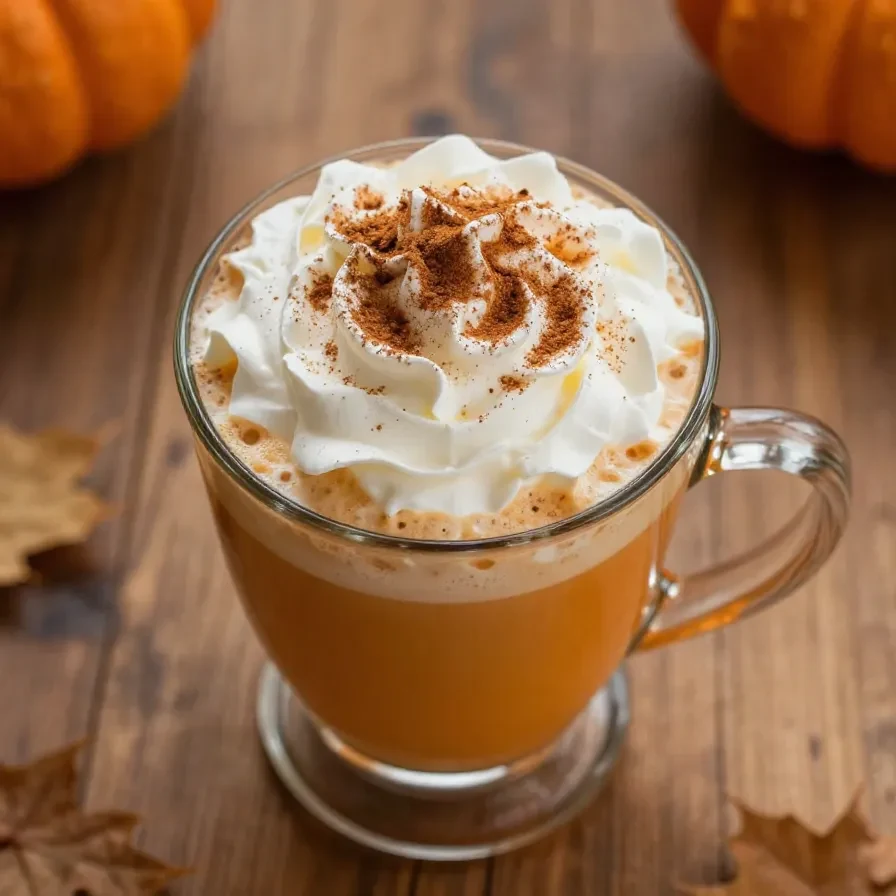 A homemade pumpkin spice latte served in a white mug, topped with whipped cream and a sprinkle of cinnamon.