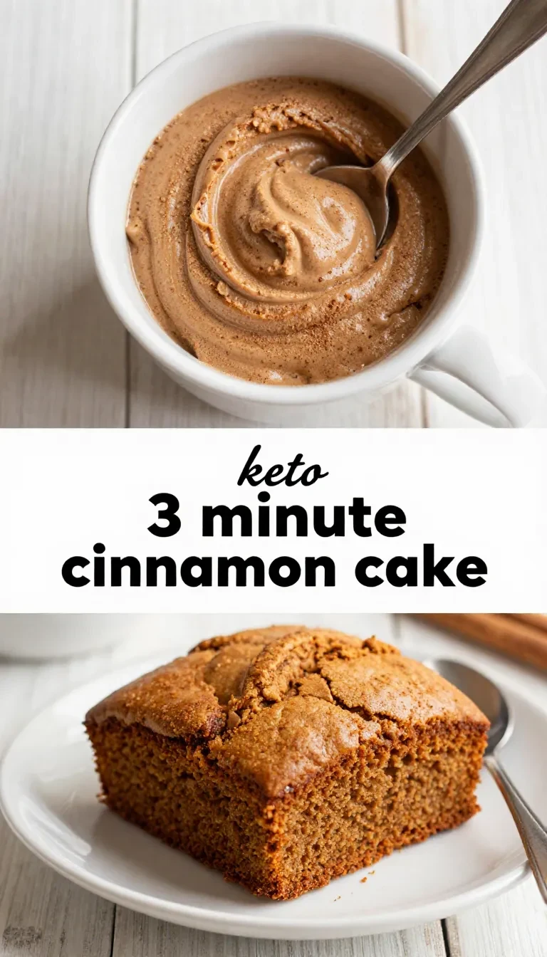 A single-serving keto cinnamon mug cake served in a white mug on a wooden table.