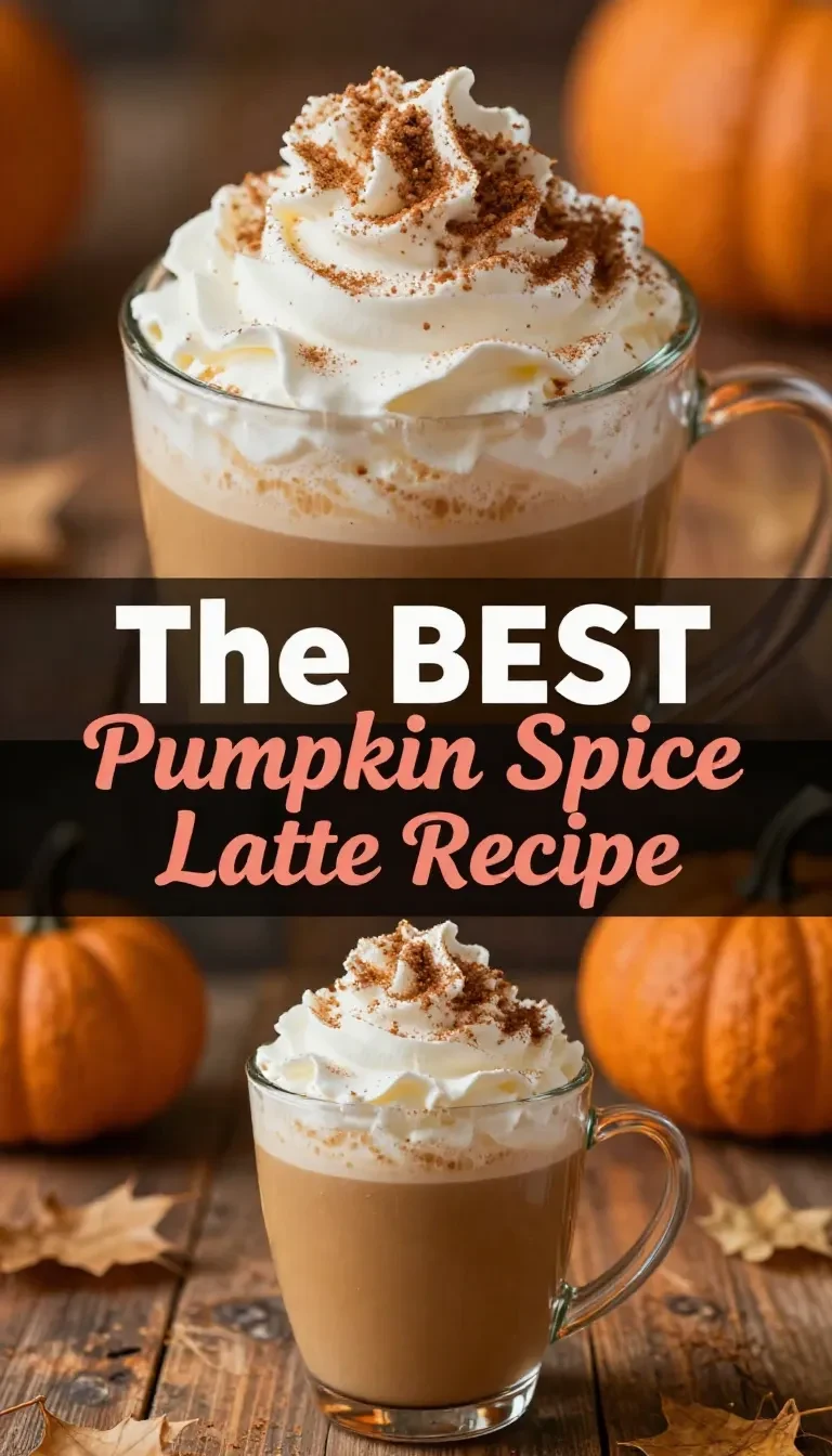 A homemade pumpkin spice latte served in a white mug, topped with whipped cream and a sprinkle of cinnamon.