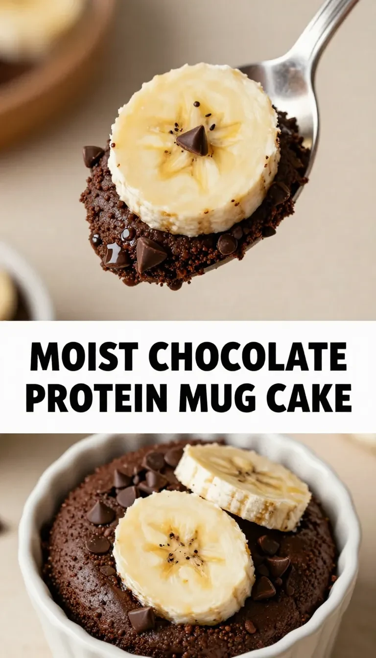 A moist protein mug cake served in a white ceramic mug, topped with chocolate drizzle.