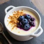 A close-up of baked oats topped with fresh blueberries and a creamy cheesecake layer.