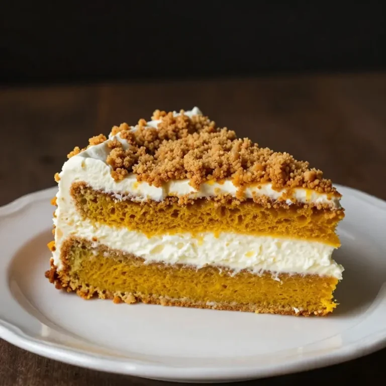 Pumpkin Crunch Cake With Cream Cheese Frosting A slice of pumpkin crunch cake topped with cream cheese frosting on a white plate.
