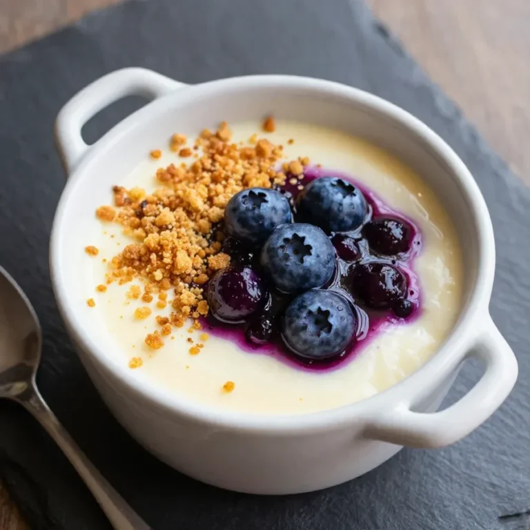 A close-up of baked oats topped with fresh blueberries and a creamy cheesecake layer.