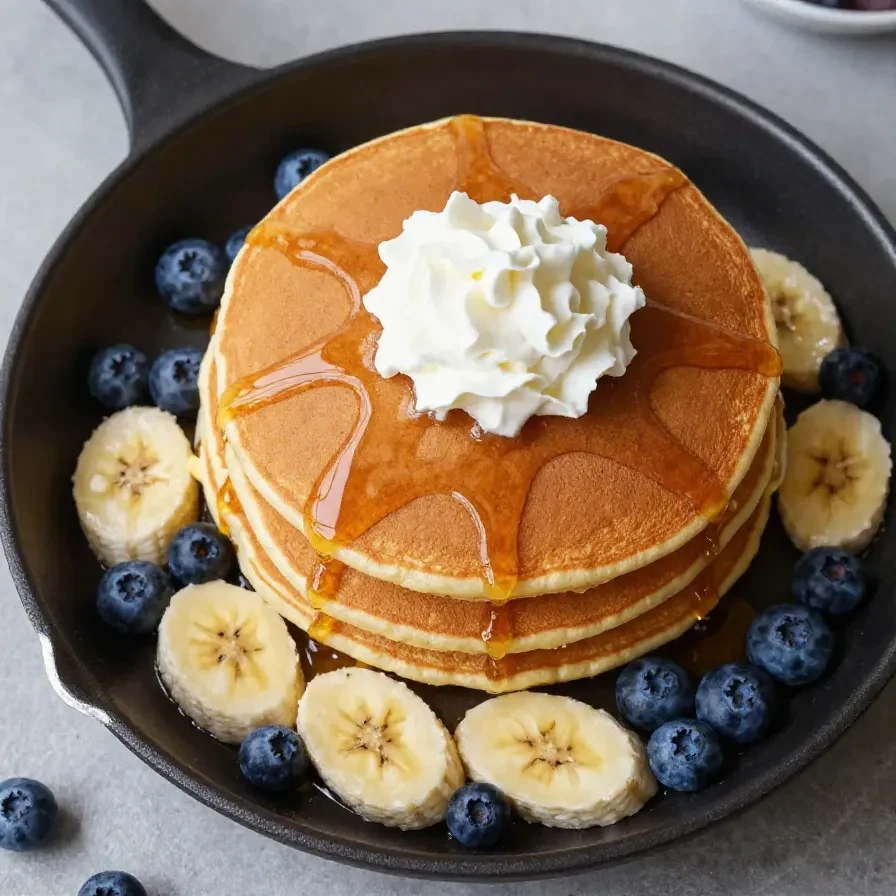 A stack of golden banana pancakes topped with fresh banana slices and syrup on a white plate.
