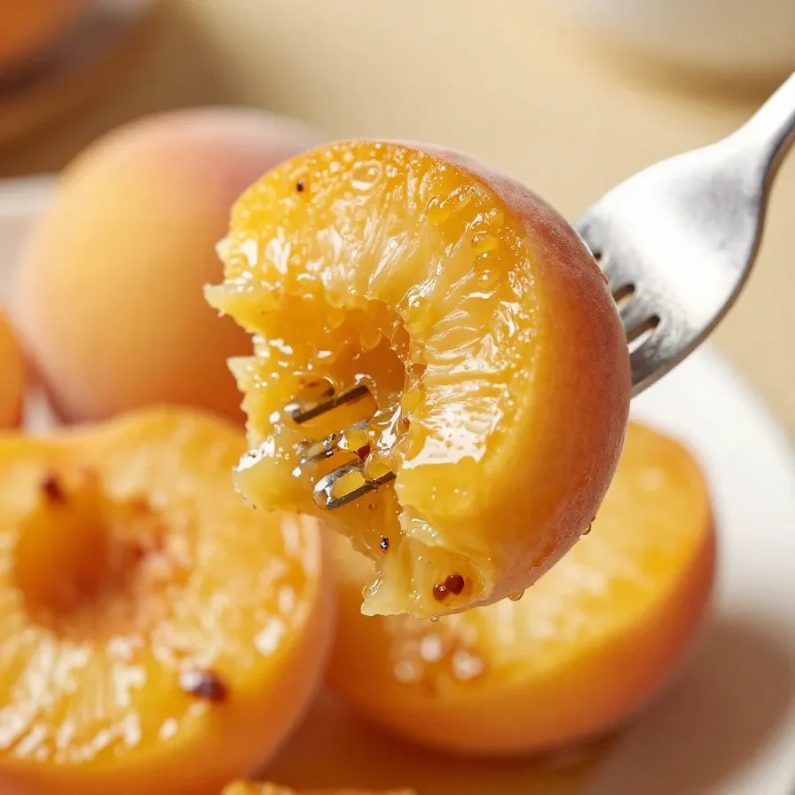 Close-up of baked peaches with golden caramel glaze served on a plate.