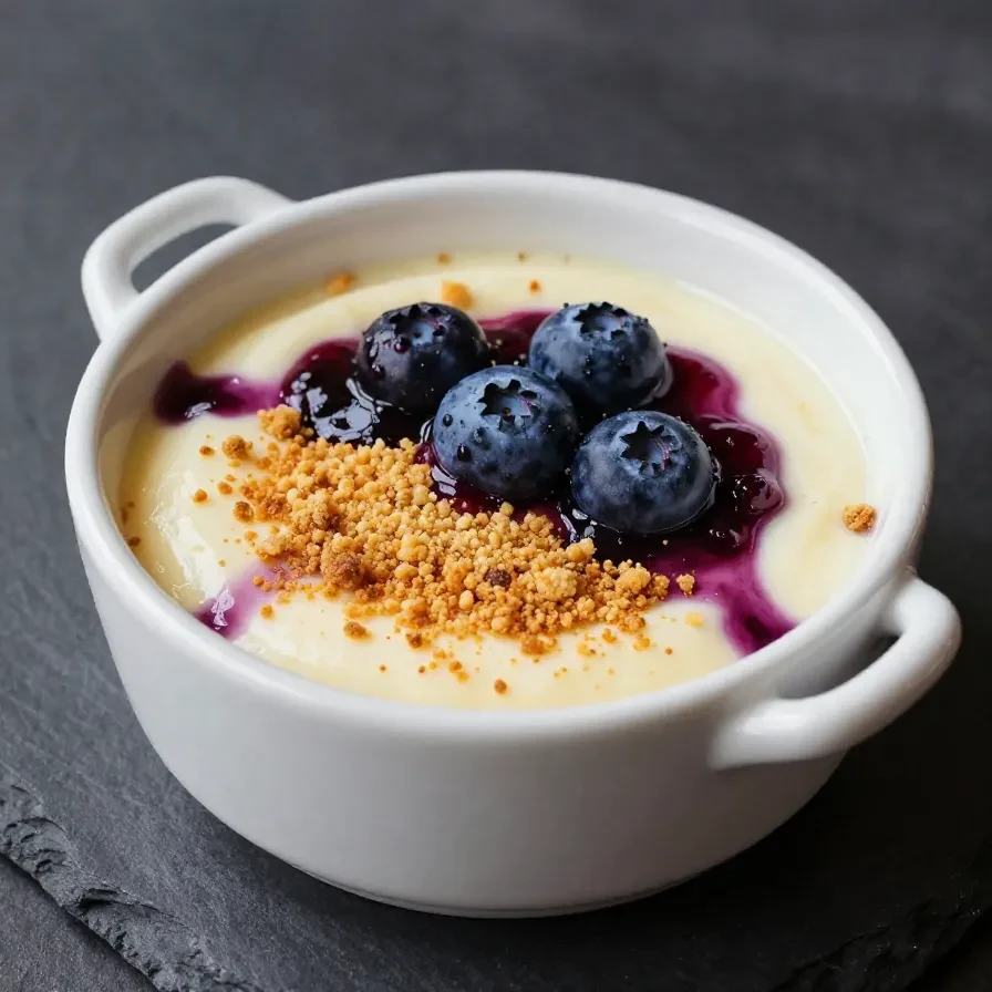 A close-up of baked oats topped with fresh blueberries and a creamy cheesecake layer.