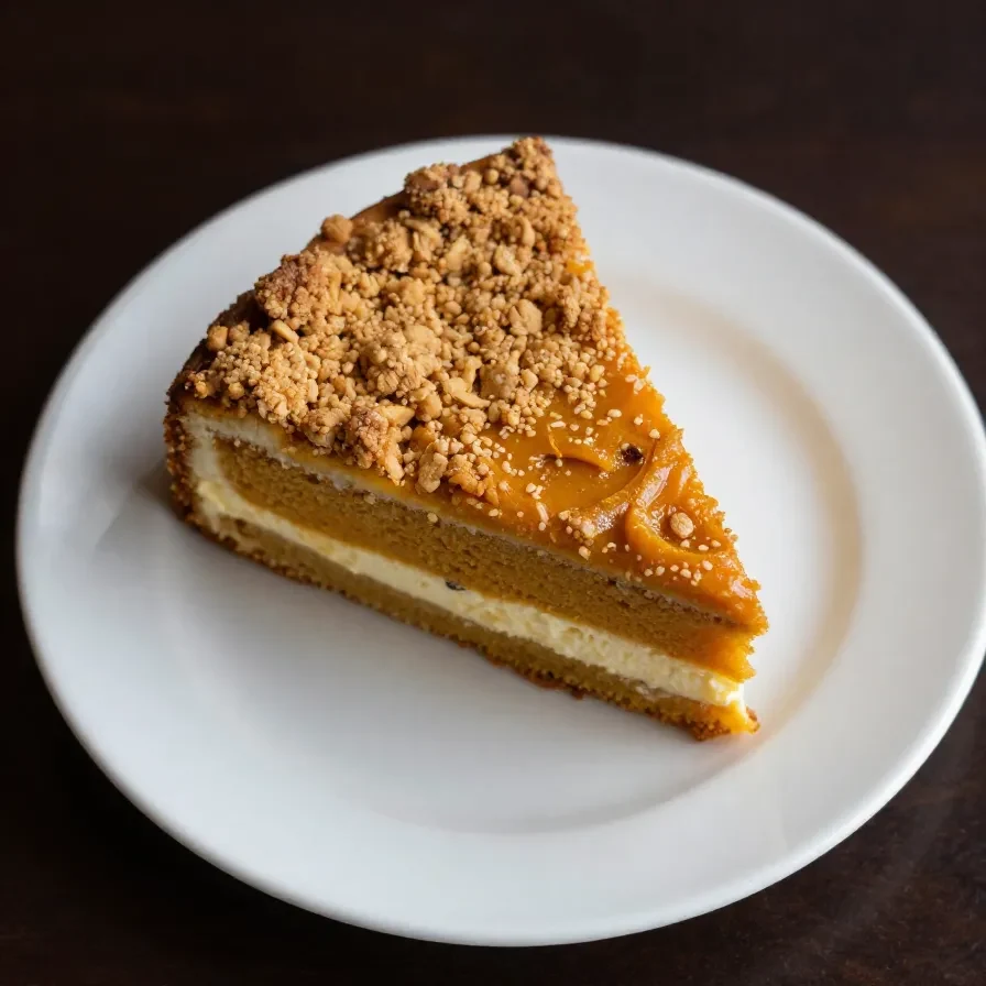 A slice of pumpkin crunch cake topped with cream cheese frosting on a white plate.