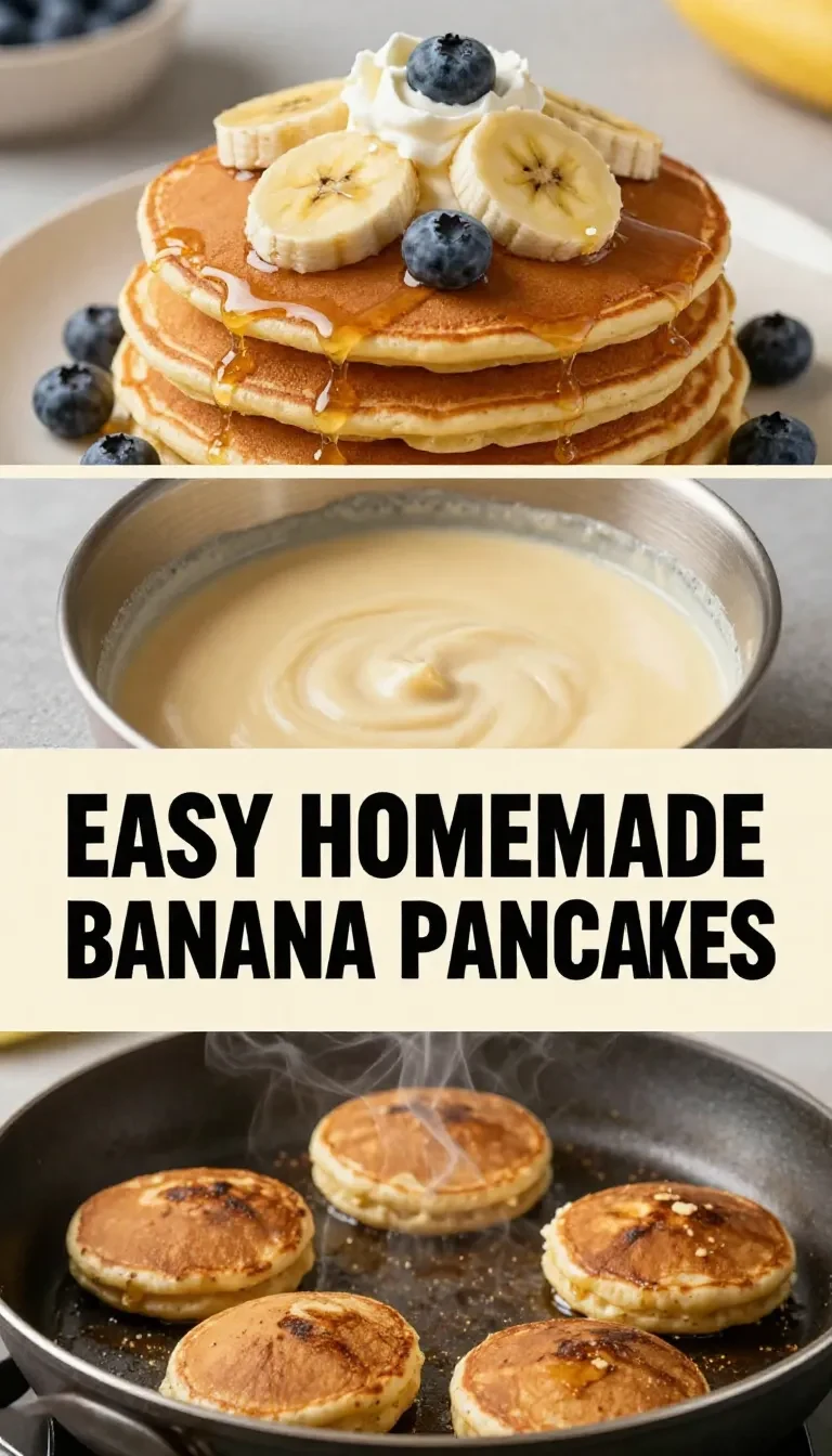 A stack of golden banana pancakes topped with fresh banana slices and syrup on a white plate.