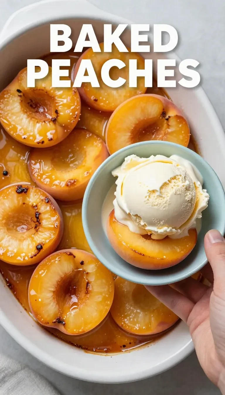 Close-up of baked peaches with golden caramel glaze served on a plate.