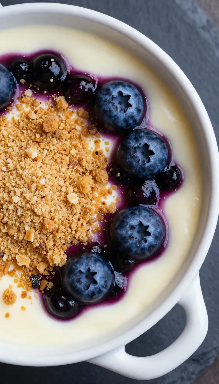 A close-up of baked oats topped with fresh blueberries and a creamy cheesecake layer.