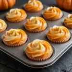 Close-up of freshly baked pumpkin cream cheese swirl muffins on a wooden table.