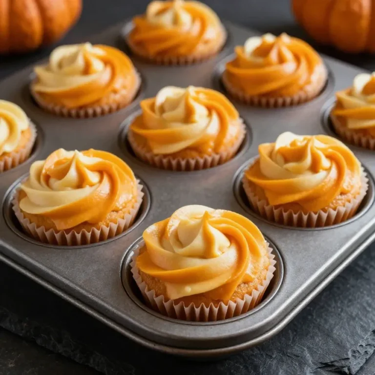 Pumpkin Cream Cheese Swirl Muffins Close-up of freshly baked pumpkin cream cheese swirl muffins on a wooden table.