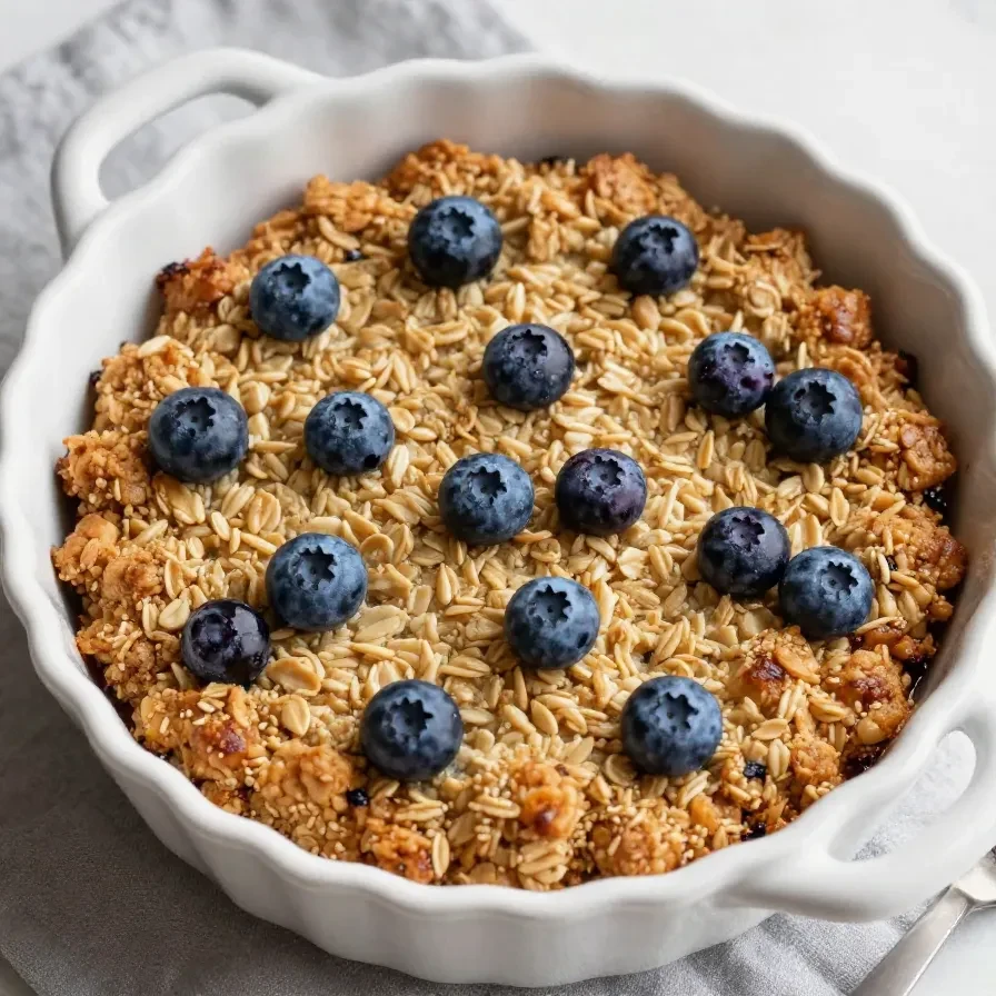 A close-up of a freshly baked lemon blueberry oatmeal dish in a white casserole dish.