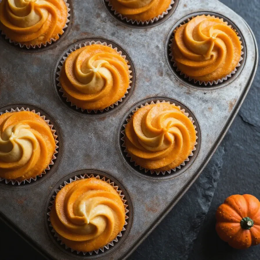 Close-up of freshly baked pumpkin cream cheese swirl muffins on a wooden table.