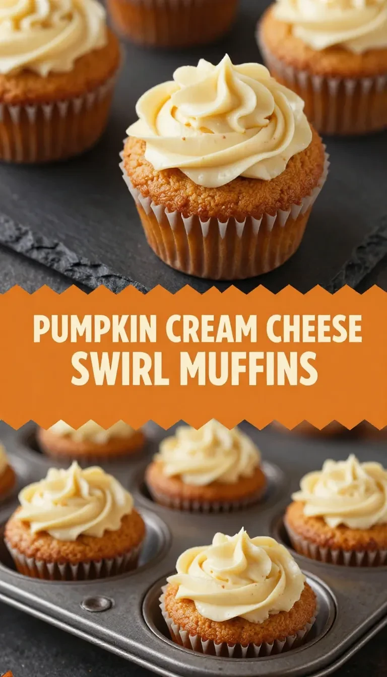 Close-up of freshly baked pumpkin cream cheese swirl muffins on a wooden table.
