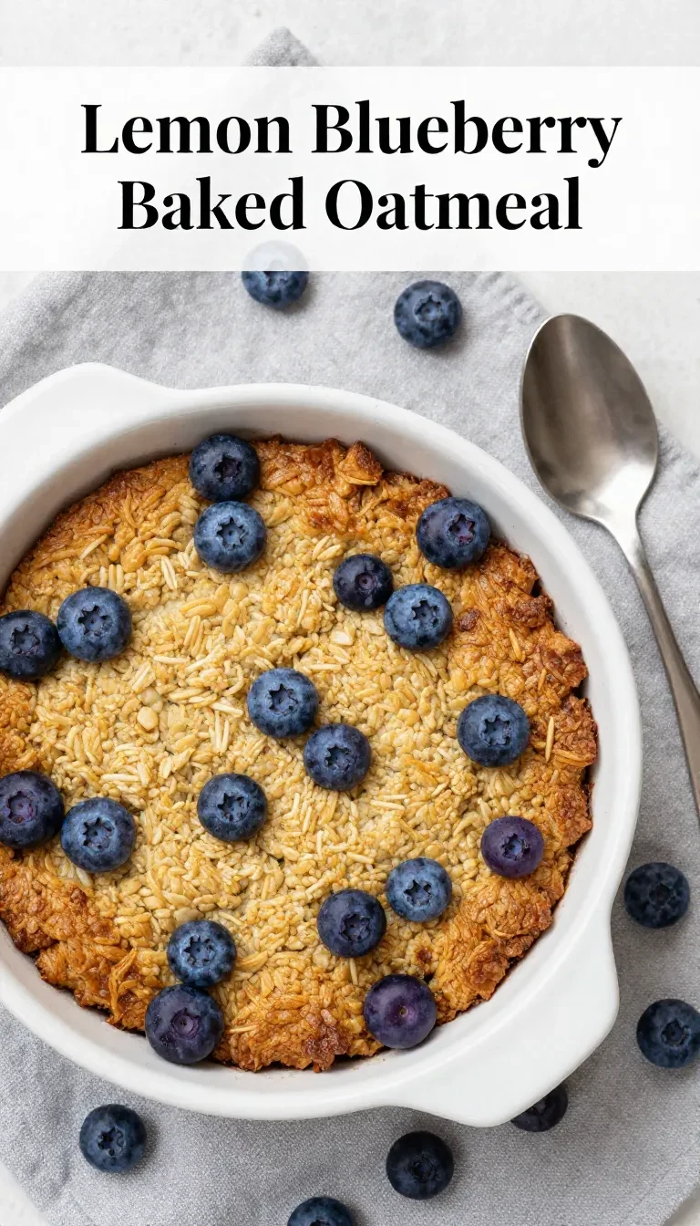 A close-up of a freshly baked lemon blueberry oatmeal dish in a white casserole dish.