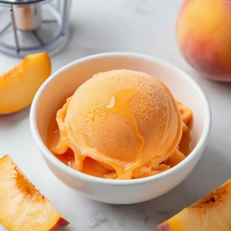 A bowl of homemade peach sorbet served with fresh peach slices.
