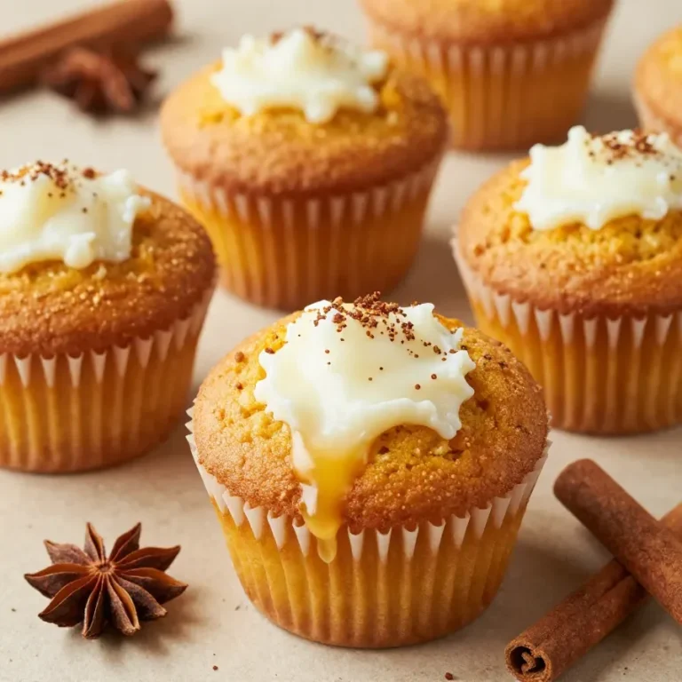 Freshly baked pumpkin cream cheese muffins on a wooden table with a bowl of cream cheese frosting nearby.
