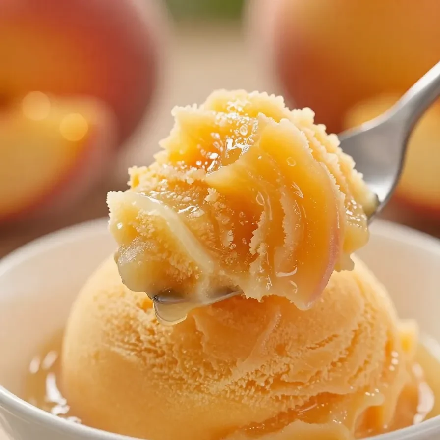 A bowl of homemade peach sorbet served with fresh peach slices.