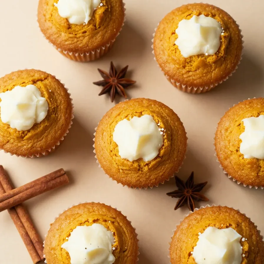 Freshly baked pumpkin cream cheese muffins on a wooden table with a bowl of cream cheese frosting nearby.