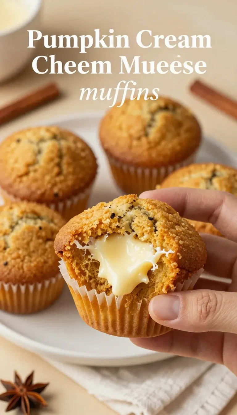 Freshly baked pumpkin cream cheese muffins on a wooden table with a bowl of cream cheese frosting nearby.