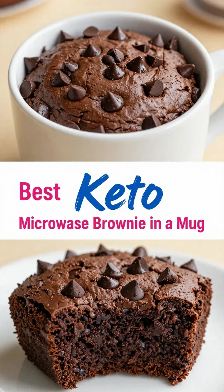A rich and moist keto chocolate mug cake served in a white mug on a wooden table.
