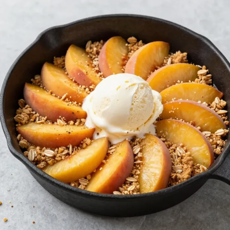 A close-up view of a gluten-free and vegan peach crisp served in a white bowl.