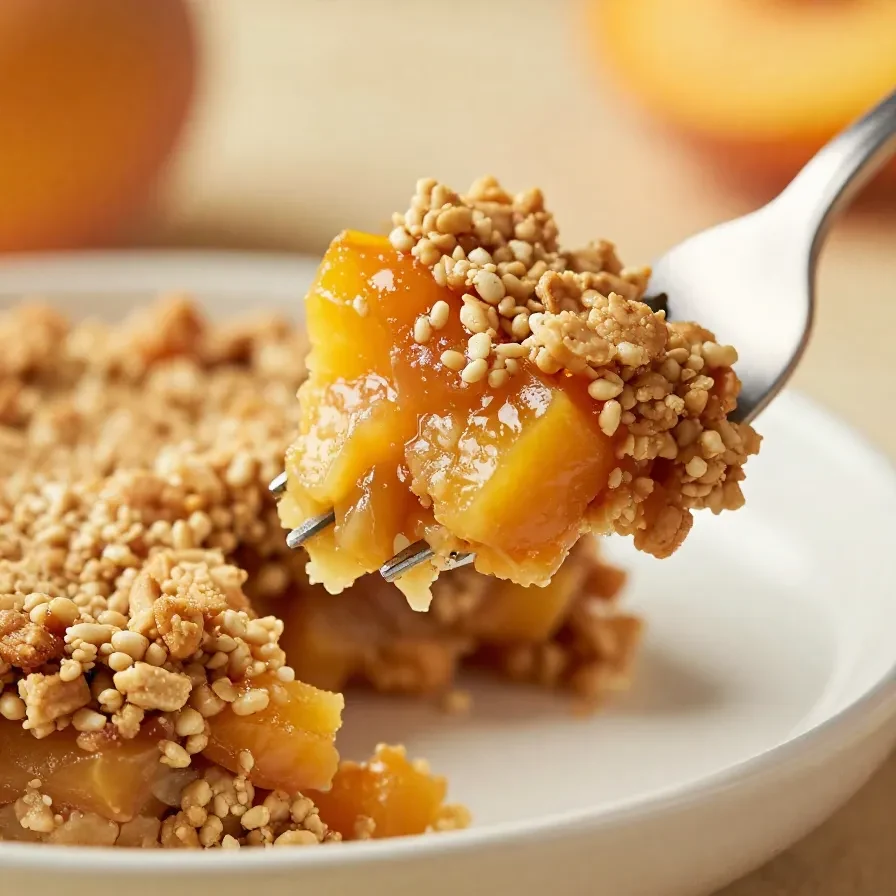A close-up view of a gluten-free and vegan peach crisp served in a white bowl.