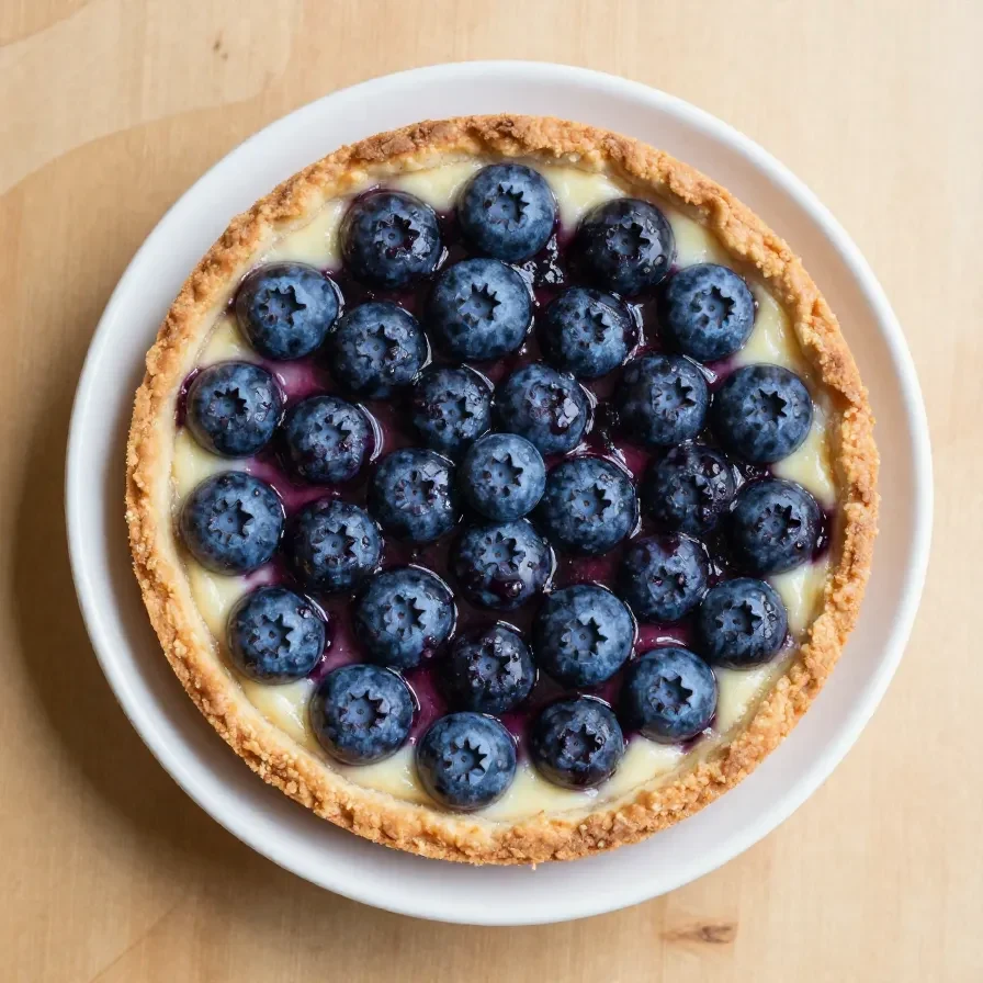 A baked dish featuring cottage cheese, blueberries, and a golden crust, served in a white ceramic dish.