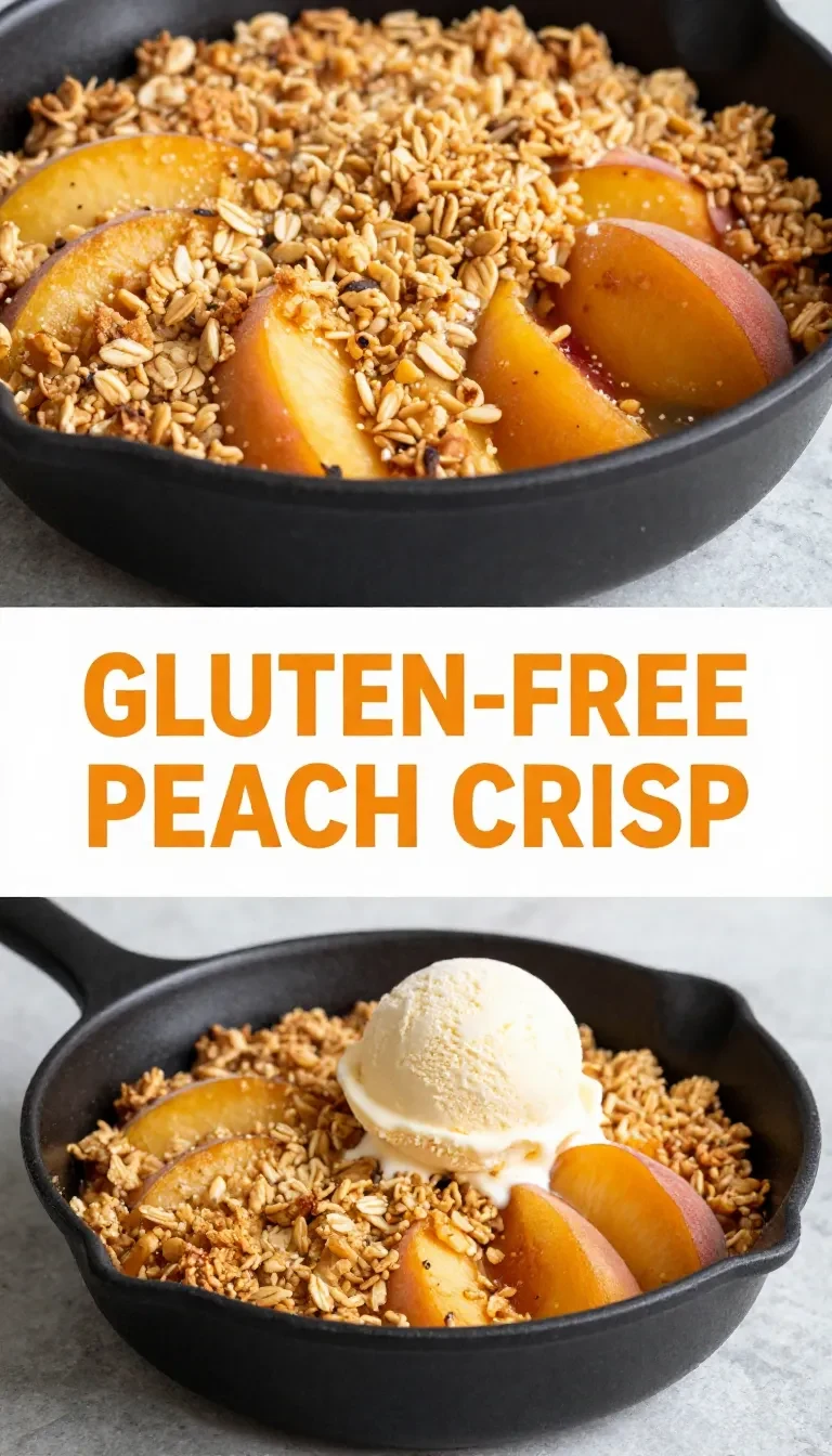 A close-up view of a gluten-free and vegan peach crisp served in a white bowl.