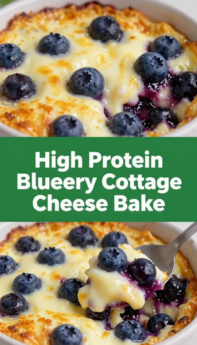 A baked dish featuring cottage cheese, blueberries, and a golden crust, served in a white ceramic dish.