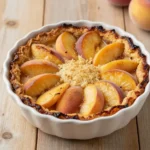 A freshly baked traditional Southern peach cobbler served in a white ceramic dish with golden-brown crust.