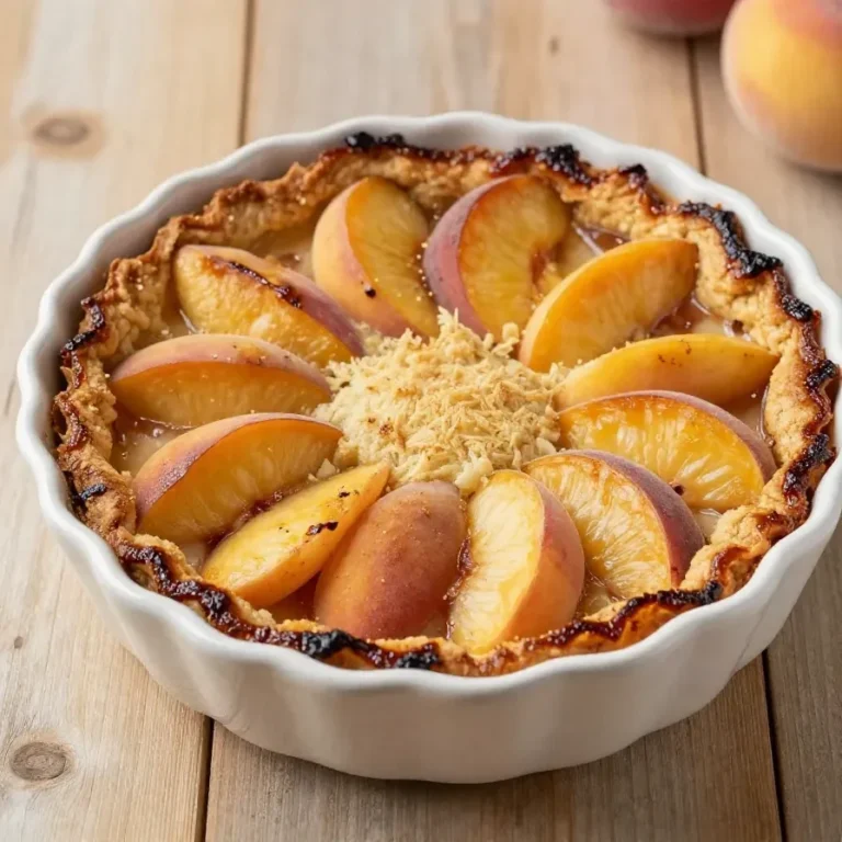 A freshly baked traditional Southern peach cobbler served in a white ceramic dish with golden-brown crust.